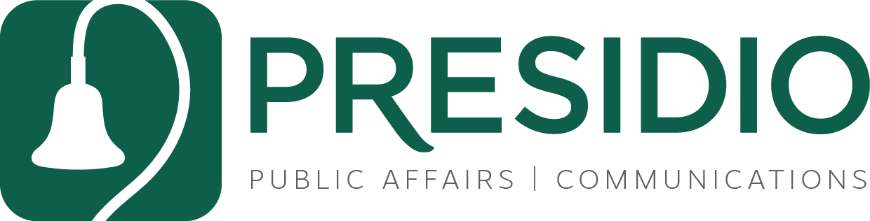 Presidio logo featuring a green design with the company name 'Presidio' in larger text and 'public affairs | Communications' in smaller text. The logo represents a company specializing in Public Affairs, Communications, Government Relations, Advocacy, Campaigns, and Public Relations.